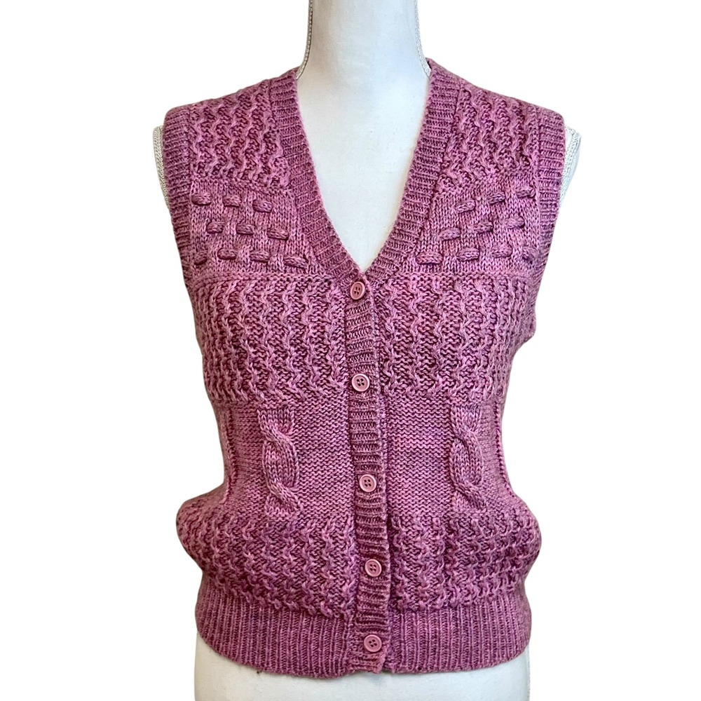 JOYCE Vintage Cable‎ Knit Sweater Vest Pink Sleeveless Button Academia Fisherman